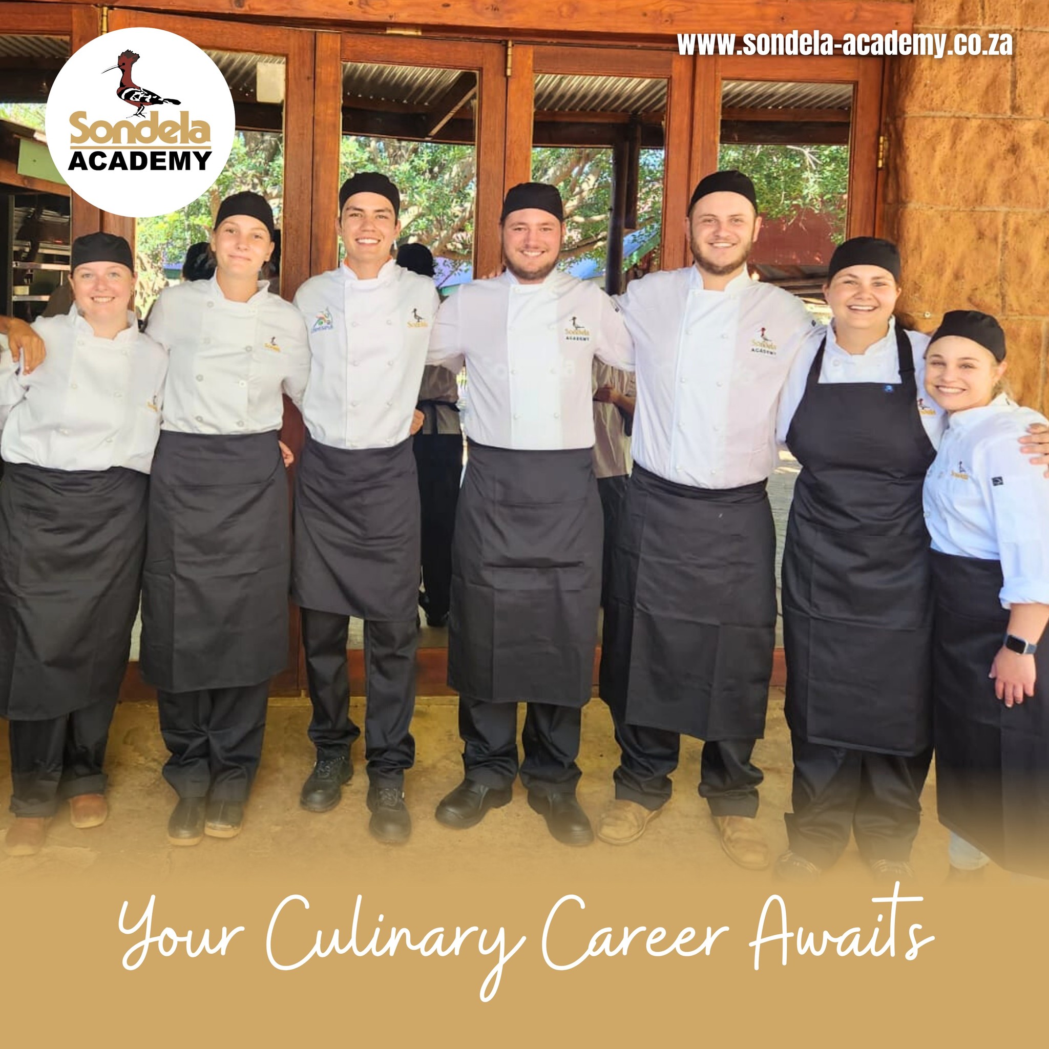 Sondela Academy culinary arts students in chef whites and aprons