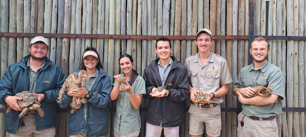 Sondela Academy conservation students holding tortoises and small animals at the reserve